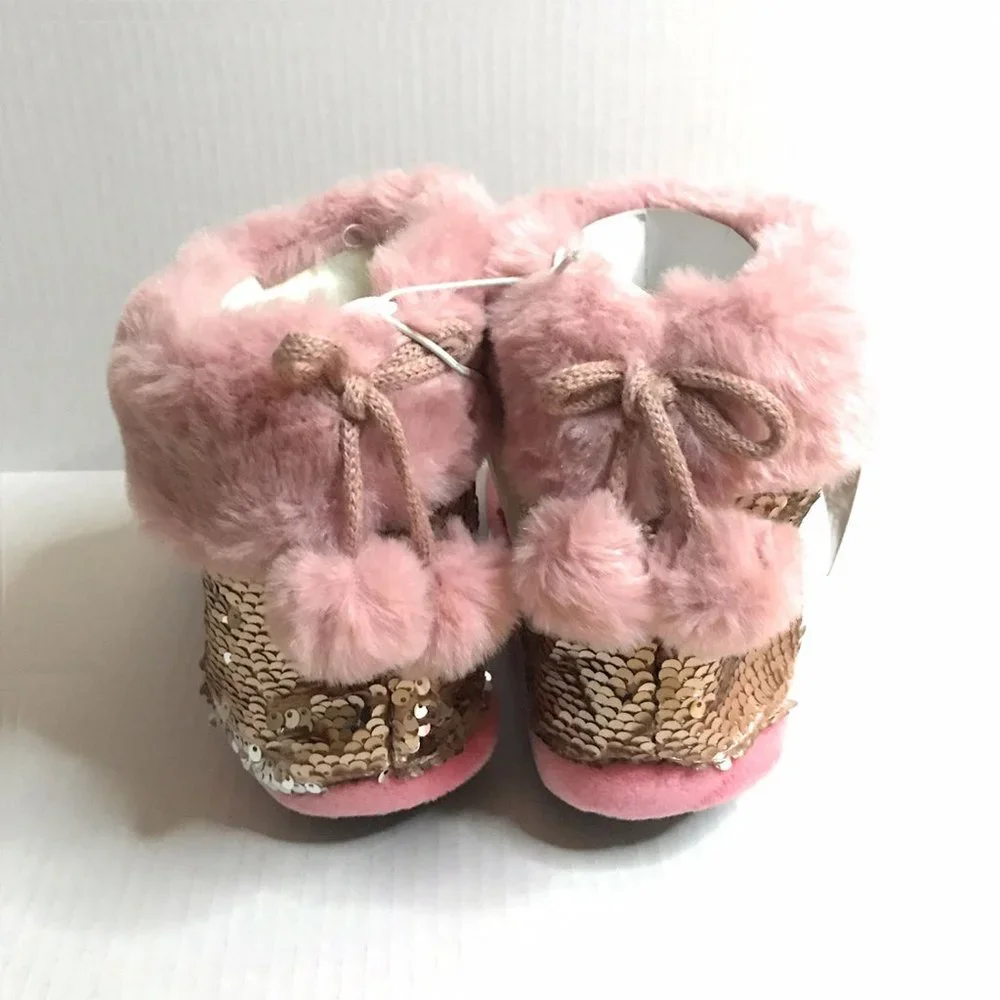 Girls Pink Booties with Gold Sequins, Warm Sparkly Slippers, Great Gift NWT